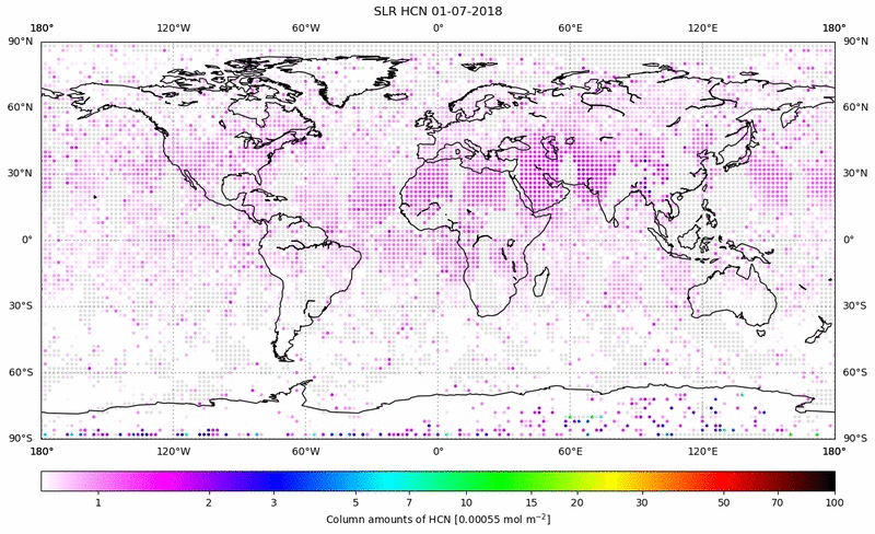Global map of HCN in July 2018