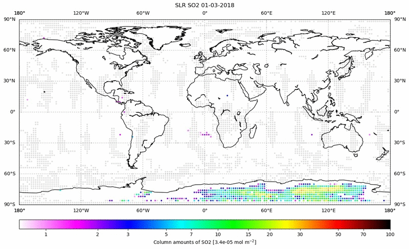 Global map of SO2 in March 2018