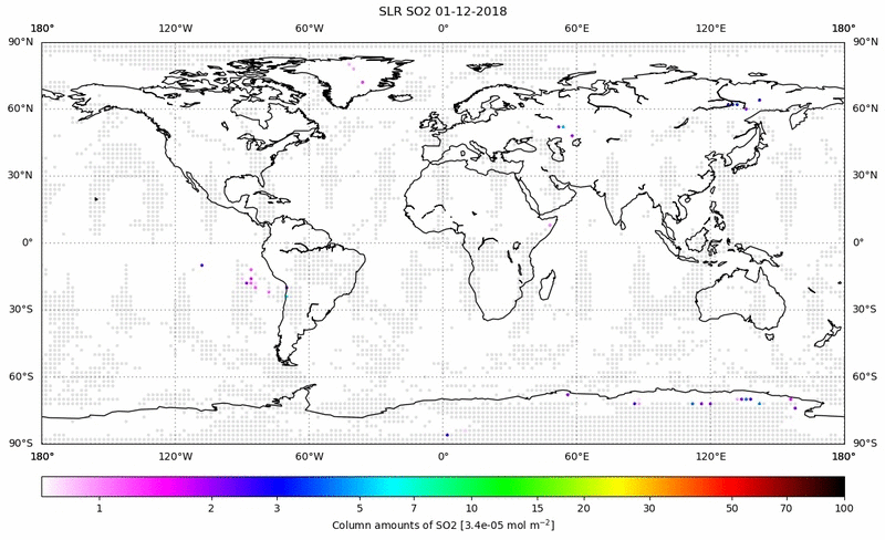 Global map of SO2 in December 2018