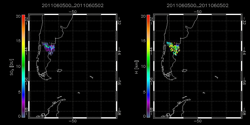 SO<sub>2</sub> amount and altitude 5-13 June 2011