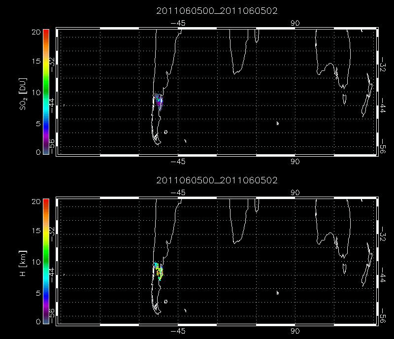 SO<sub>2</sub> amount and altitude 5-30 June 2011